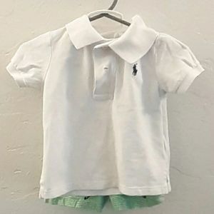 2pc Polo Ralph Lauren white shirt & gingham green short w/ navy seahorse print